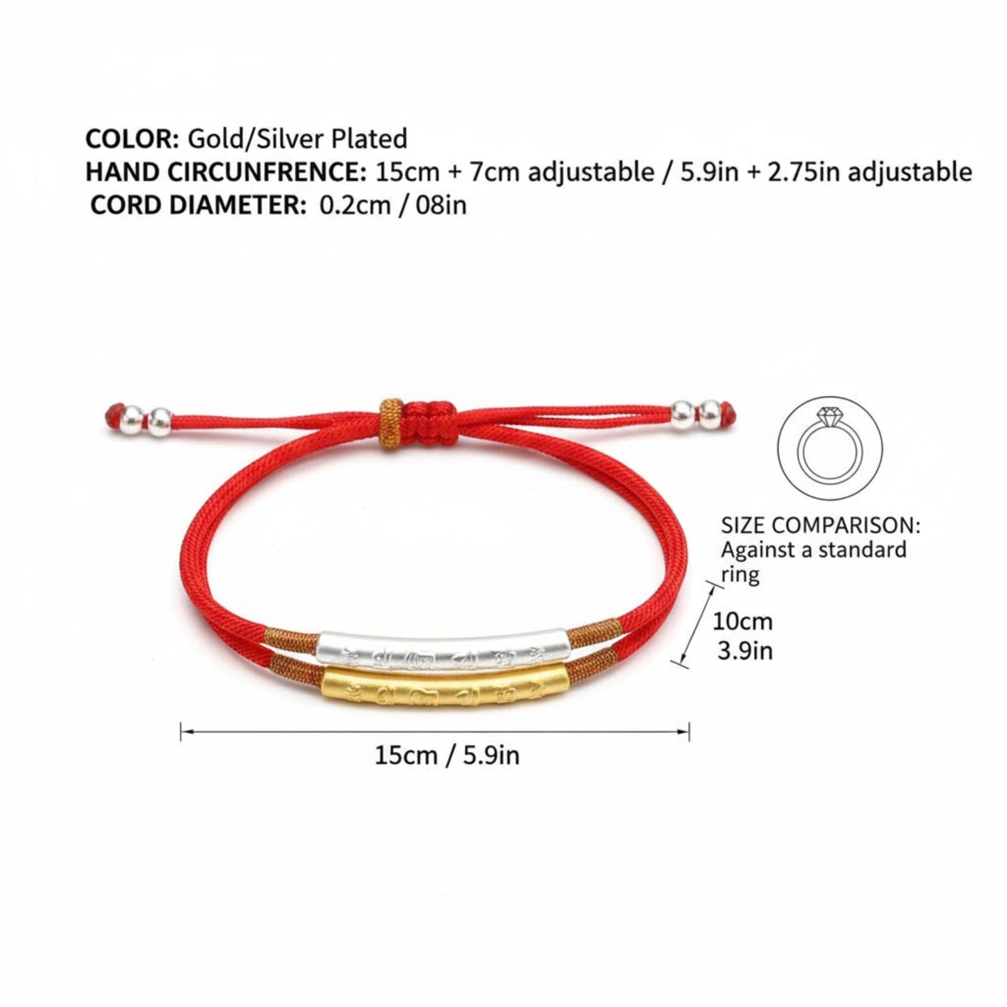 TrueZenBeads Tibetan red string bracelet featuring gold or silver mantra engraving, showing length 15cm + 7cm adjustable, bead diameter 0.2cm and comparison with common objects