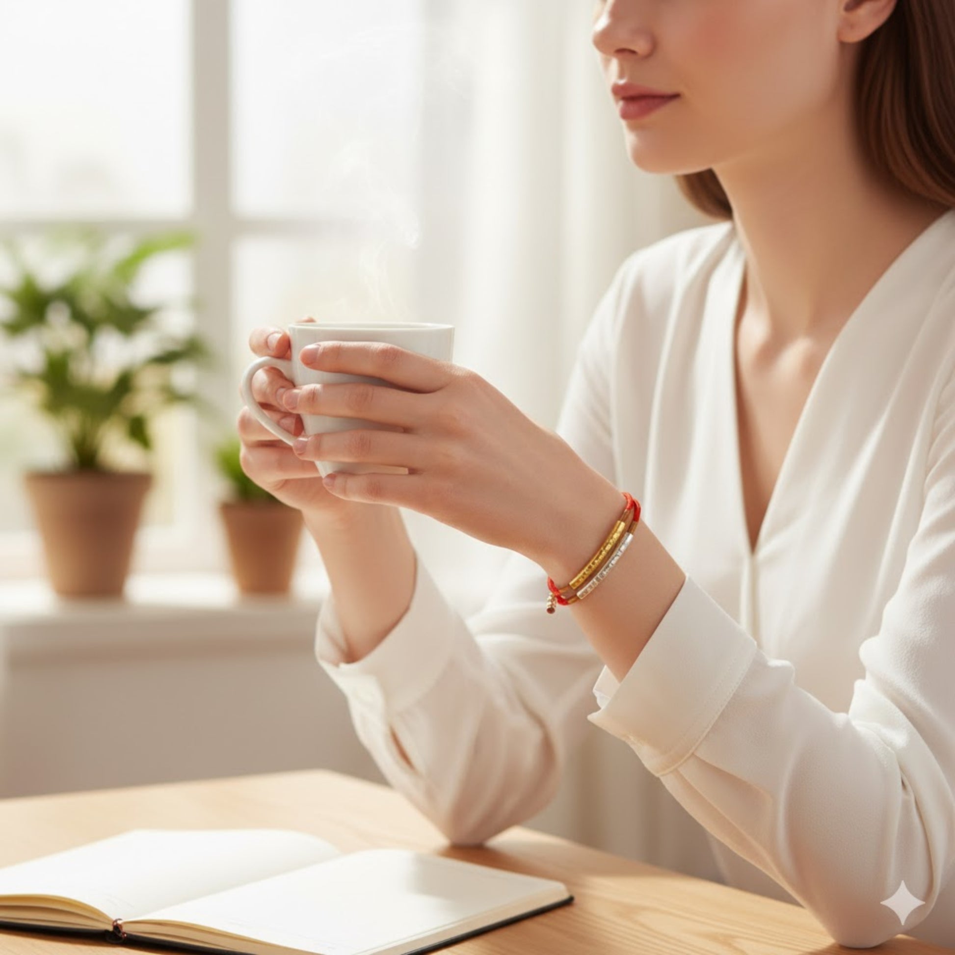 TrueZenBeads Tibetan red string bracelet featuring gold or silver mantra engraving, worn by model showing daily use