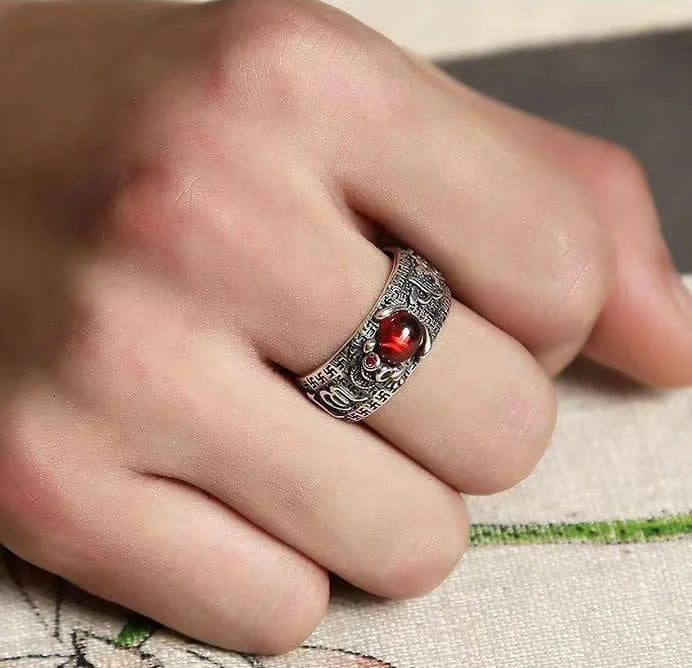 Adjustable red garnet ring with Mani mantra and Chinese coin symbols
