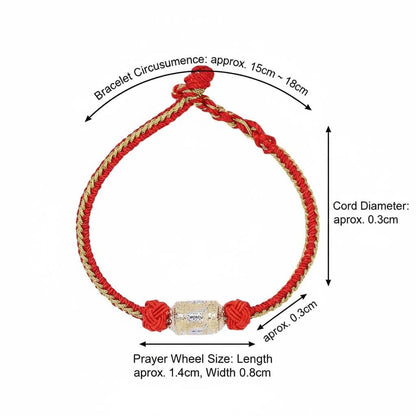 Adjustable red rope bracelet showing gold and silver prayer wheel color options side by side