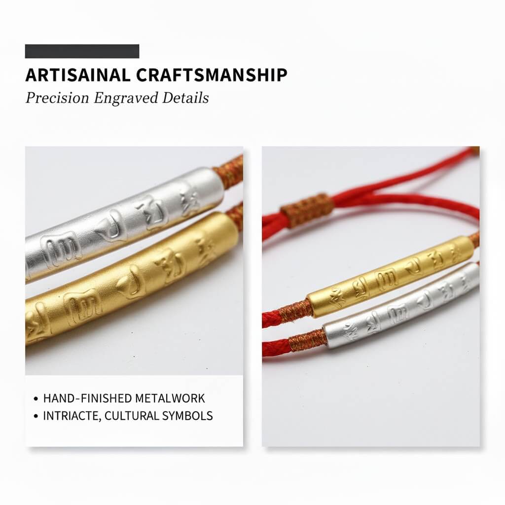 Adjustable red rope bracelet showing gold-tone and silver-tone finish options side by side with dragon knot weaving