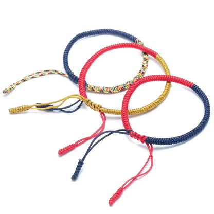 Adjustable rope bracelet showing three traditional color combinations blue multicolor red mustard
