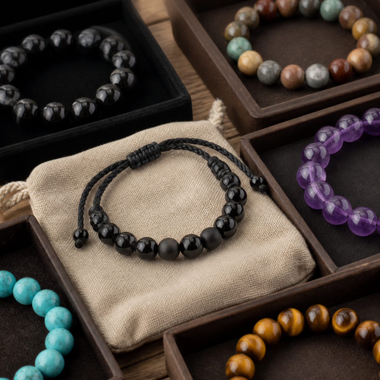 Material detail comparison of affordable crystal bracelets with obsidian, mixed natural stone, Tibetan cord, amethyst, turquoise, and tiger eye
