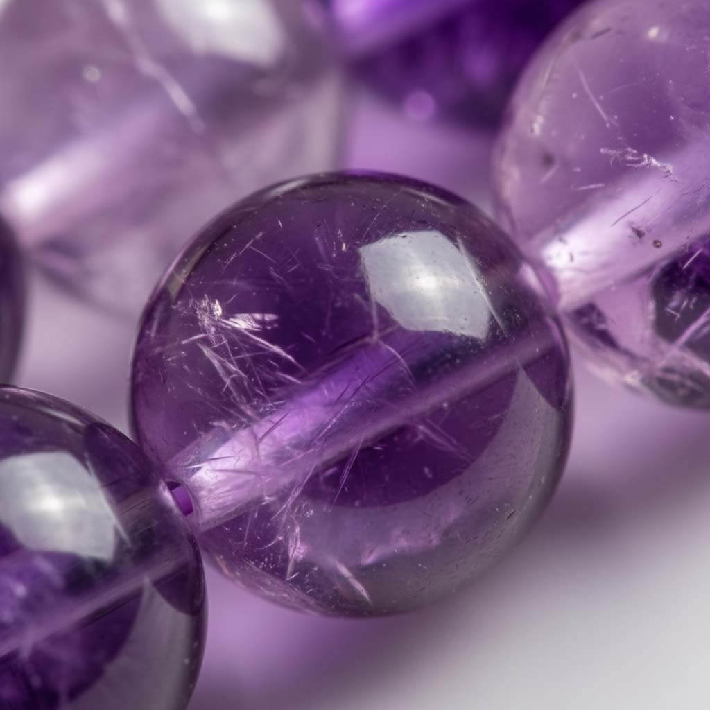 Close-up of Amethyst beads showing translucent violet clarity and natural purple depth