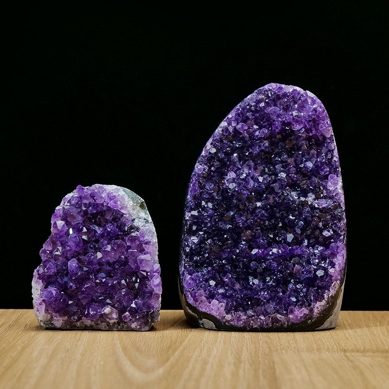 Two piece amethyst geode display for shelf decor