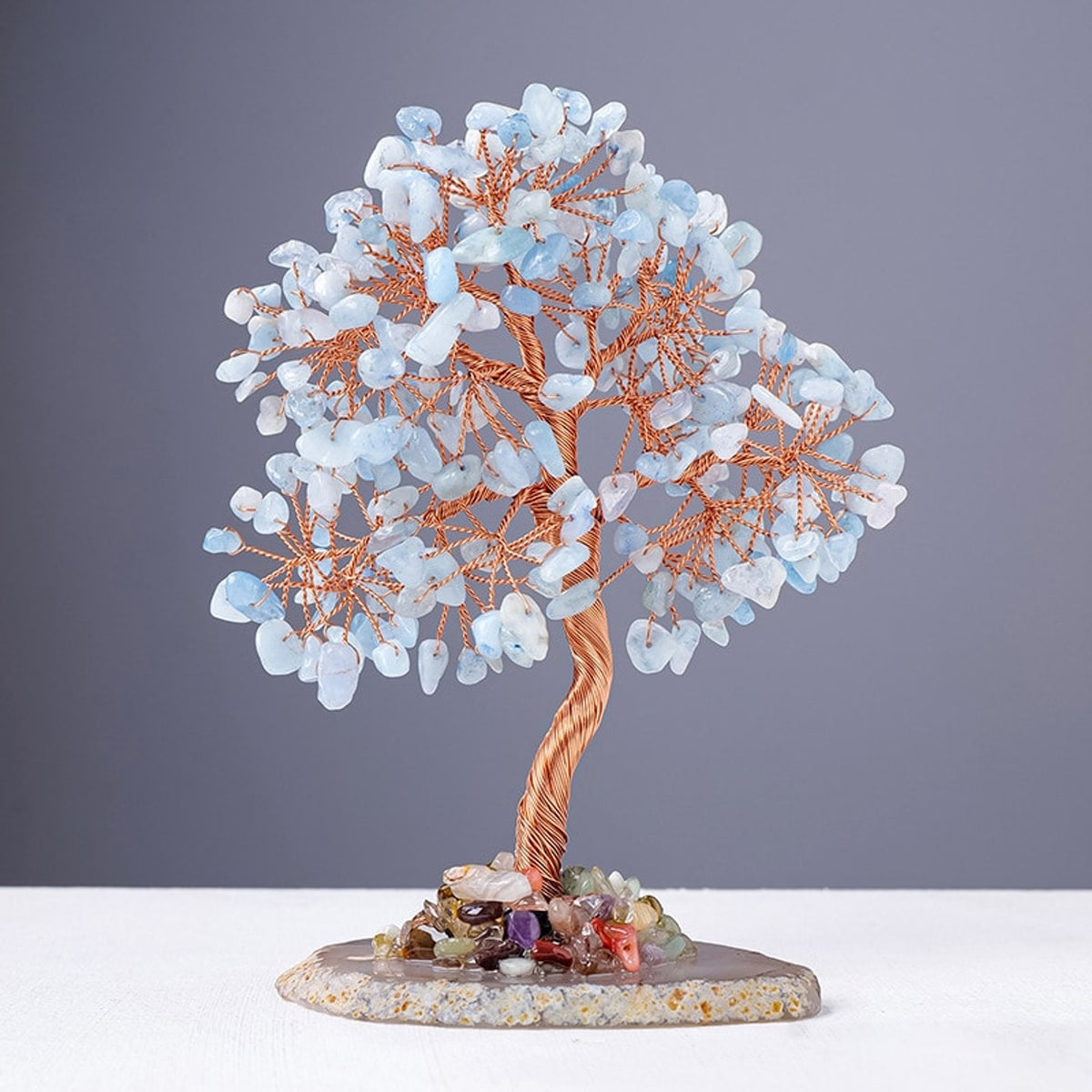 Aquamarine crystal tree decor with pale blue gemstone chips