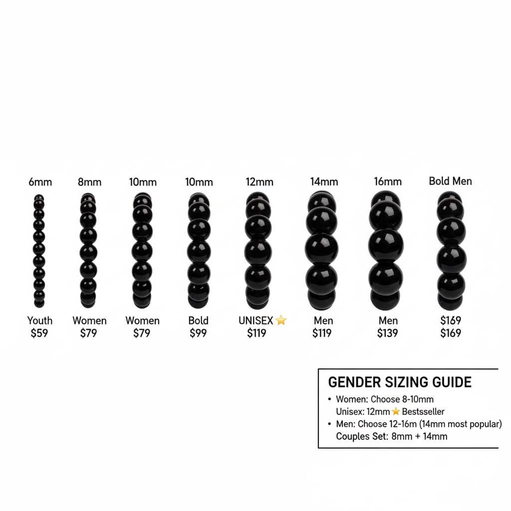 Black obsidian protection bracelet size comparison showing 6 sizes from 6mm to 16mm - complete sizing guide for men and women