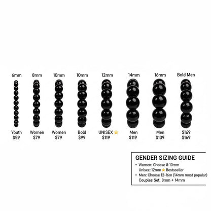 Black obsidian protection bracelet size comparison showing 6 sizes from 6mm to 16mm - complete sizing guide for men and women