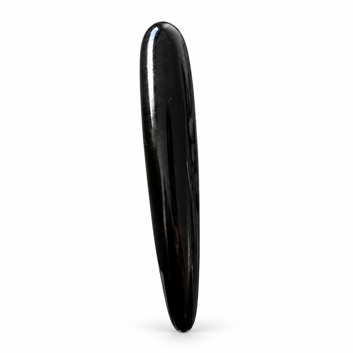 Polished black obsidian crystal massage wand with elongated eggplant-inspired form