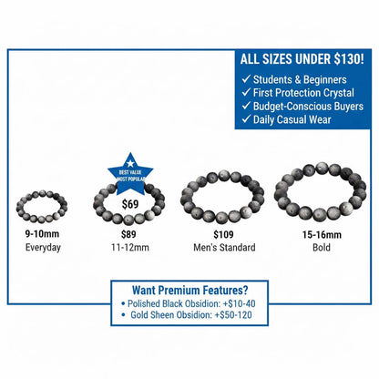 Matte black obsidian bracelet price comparison showing 4 affordable sizes from 69 to 129 dollars - budget protection crystal guide