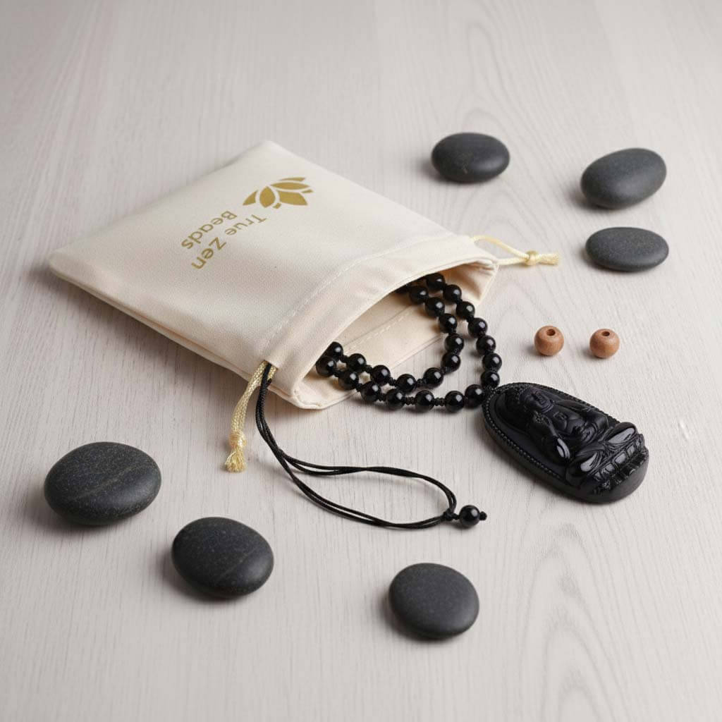 Black Obsidian Samantabhadra Pendant in TrueZenBeads branded gift bag ready for zodiac birthday present
