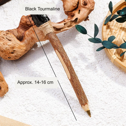Black Tourmaline Raw Crystal Wood Ballpoint Pen with natural wood body and decorative crystal accent