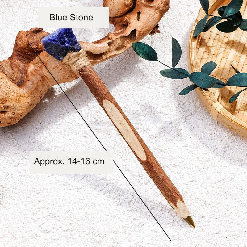 Blue Stone Raw Crystal Wood Ballpoint Pen with natural wood body and decorative crystal accent