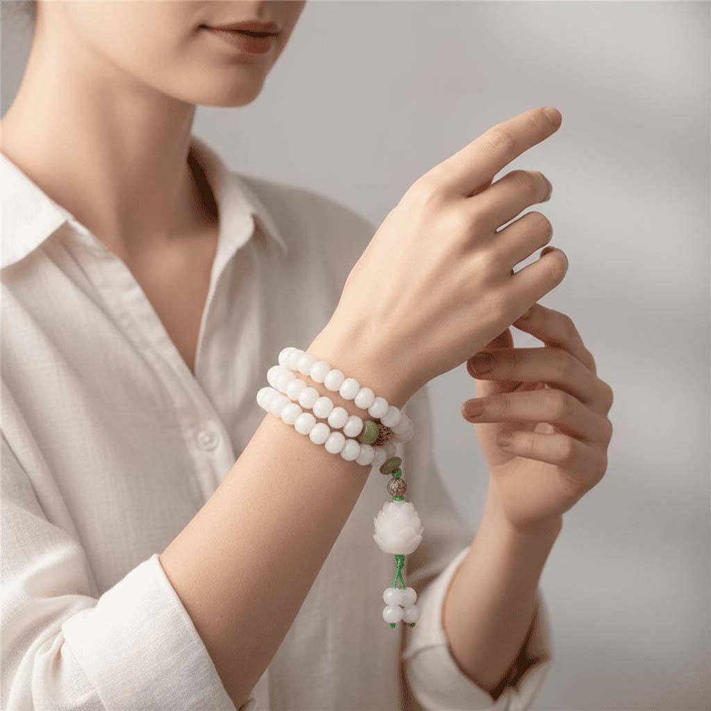 Person holding Bodhi Mala beads during meditation practice for mindfulness and mantra counting