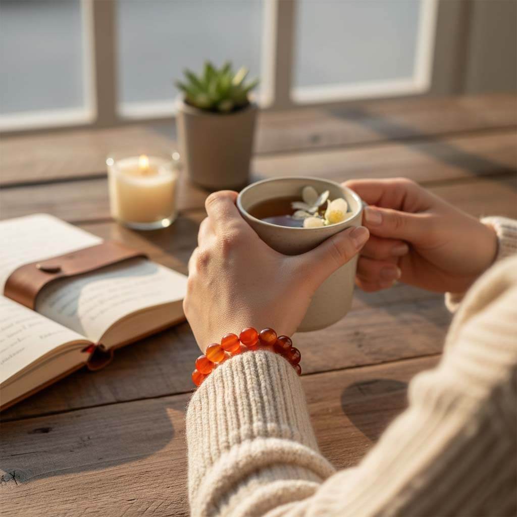 Woman wearing Carnelian Bracelet in daily lifestyle with confident style