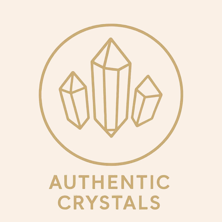 Certified authentic natural crystals badge ensuring 100% genuine gemstone materials.