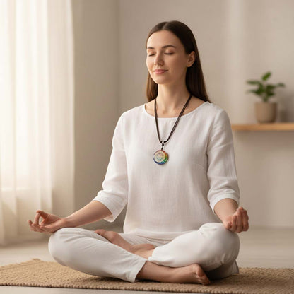 Woman wearing 7 chakra orgonite necklace during meditation practice with Sri Yantra pendant visible