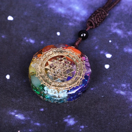 Orgone energy necklace featuring Amethyst, Lapis Lazuli, Citrine, and other chakra crystals
