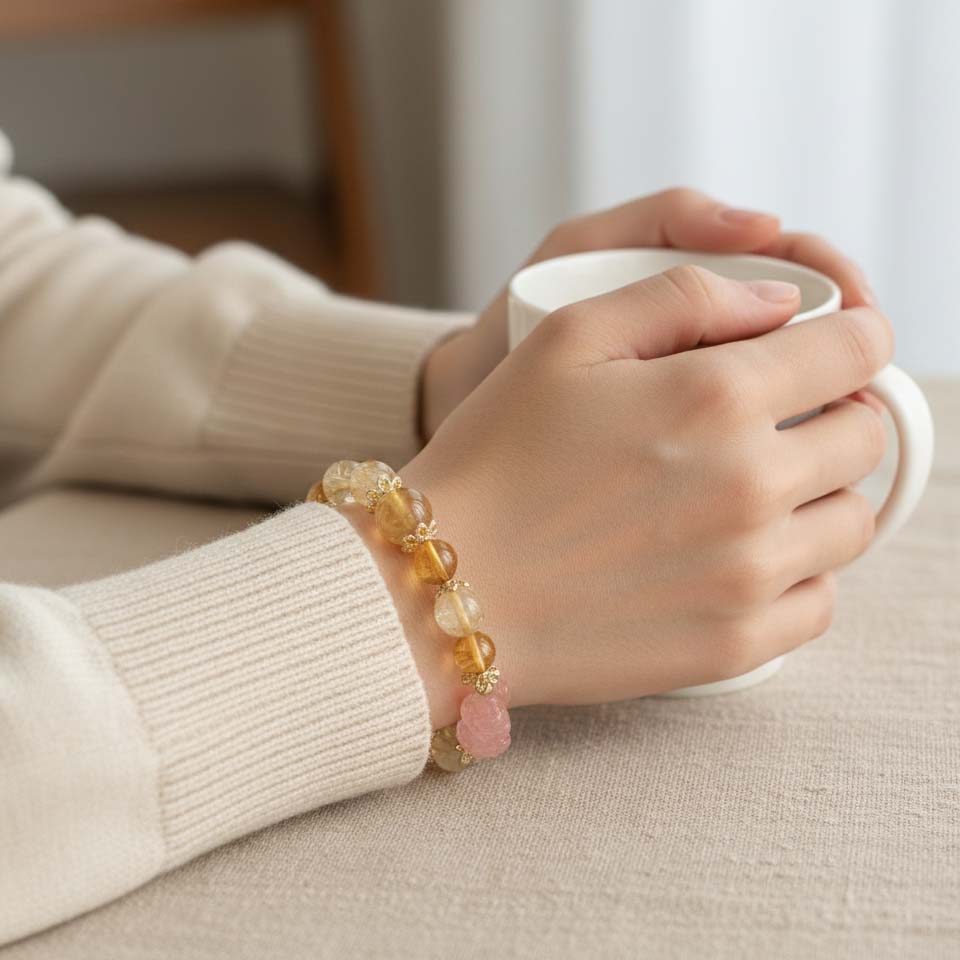 Person wearing Citrine Pixiu Bracelet for Chinese cultural heritage and traditional symbolism