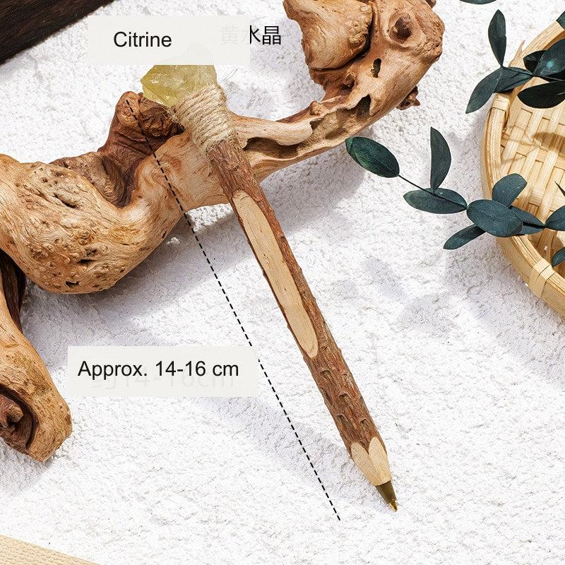 Citrine Raw Crystal Wood Ballpoint Pen with natural wood body and decorative crystal accent