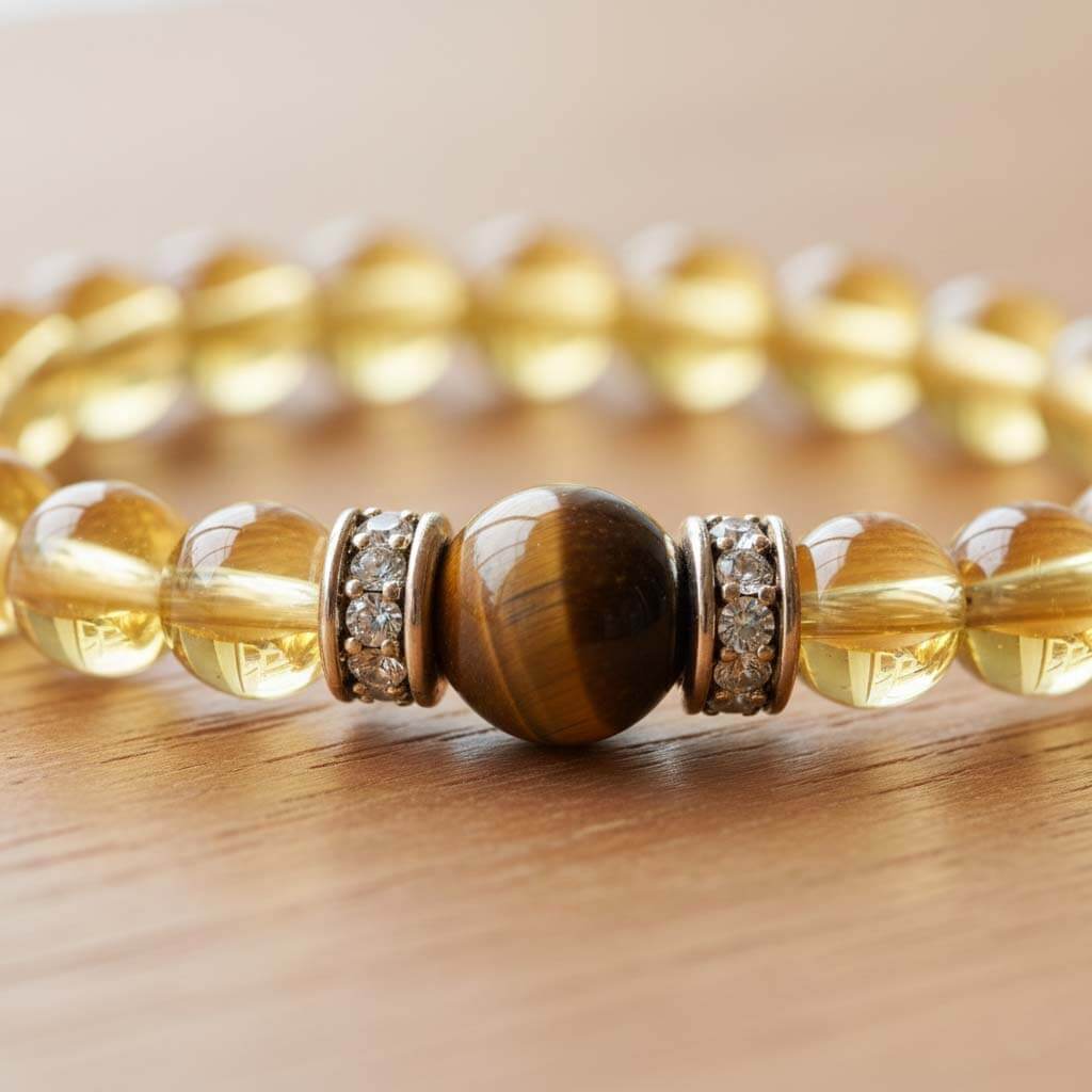 Close-up of Citrine and Tiger Eye beads showing golden transparency and chatoyant shimmer detail