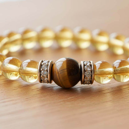 Close-up of Citrine and Tiger Eye beads showing golden transparency and chatoyant shimmer detail