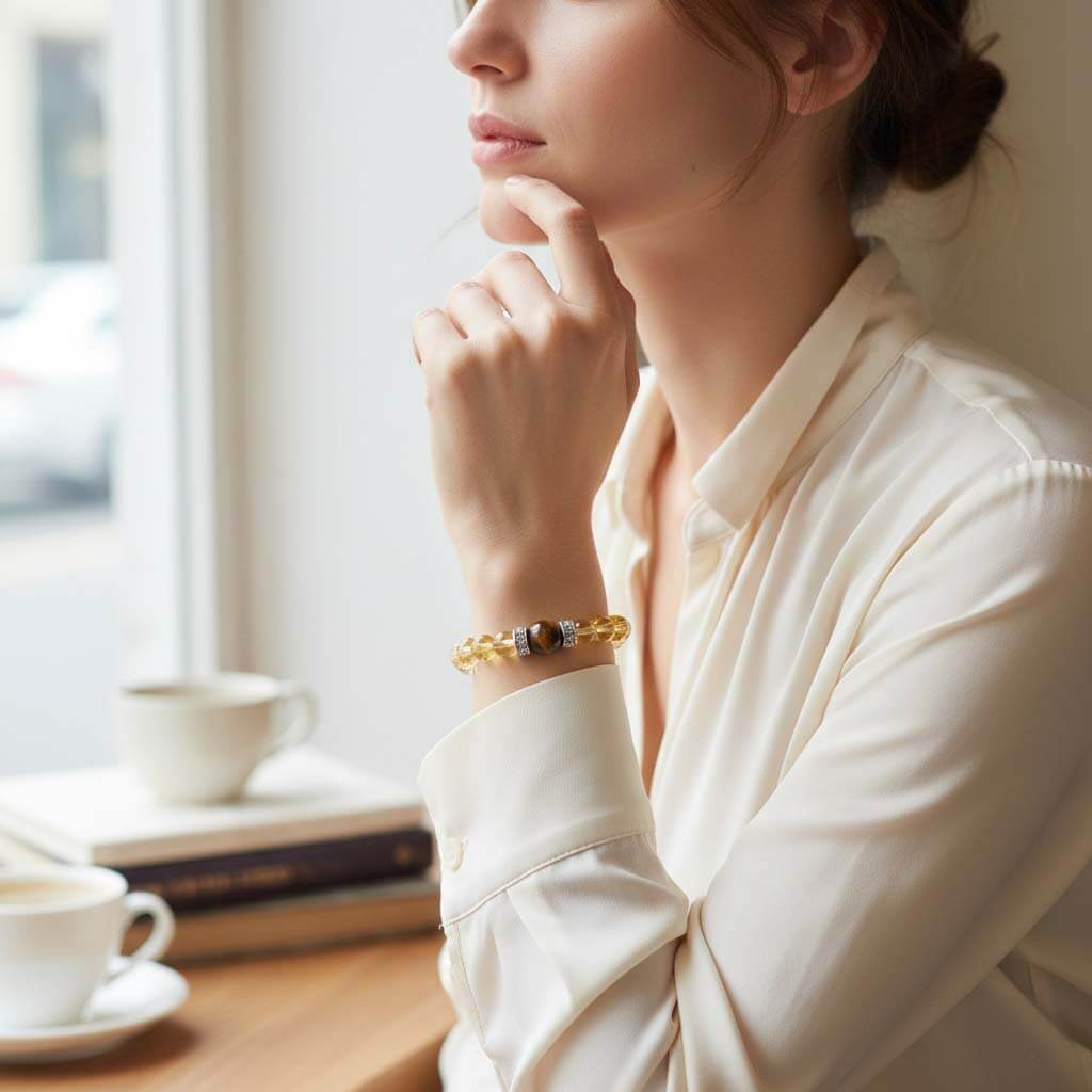 Woman wearing Citrine Tiger Eye Stone Bracelet for prosperity symbolism and optimistic energy