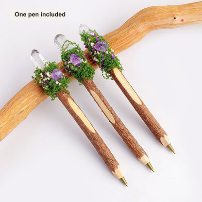 Clear Crystal Moss Wand Wood Ballpoint Pen with natural wood body and decorative crystal accent