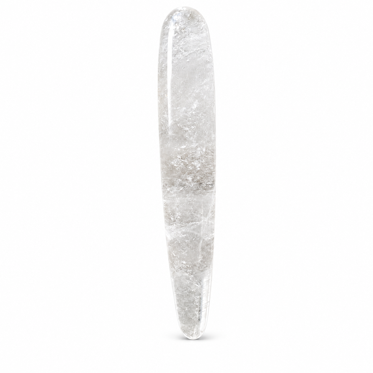 Polished clear quartz crystal massage wand with elongated eggplant-inspired form