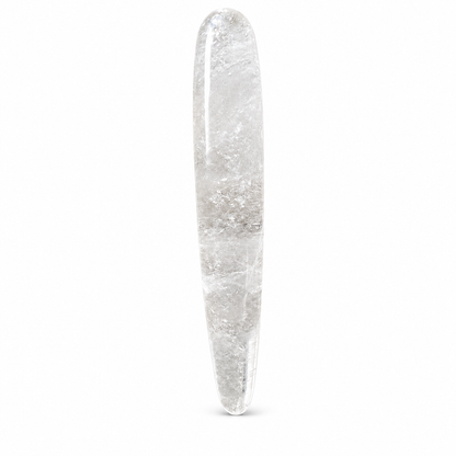 Polished clear quartz crystal massage wand with elongated eggplant-inspired form