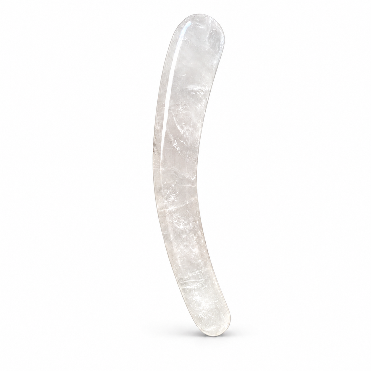 Polished clear quartz crystal massage wand with curved horn-inspired profile
