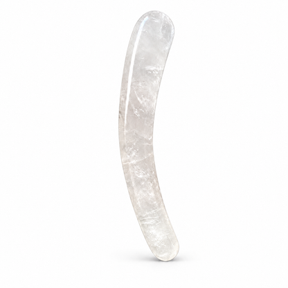 Polished clear quartz crystal massage wand with curved horn-inspired profile