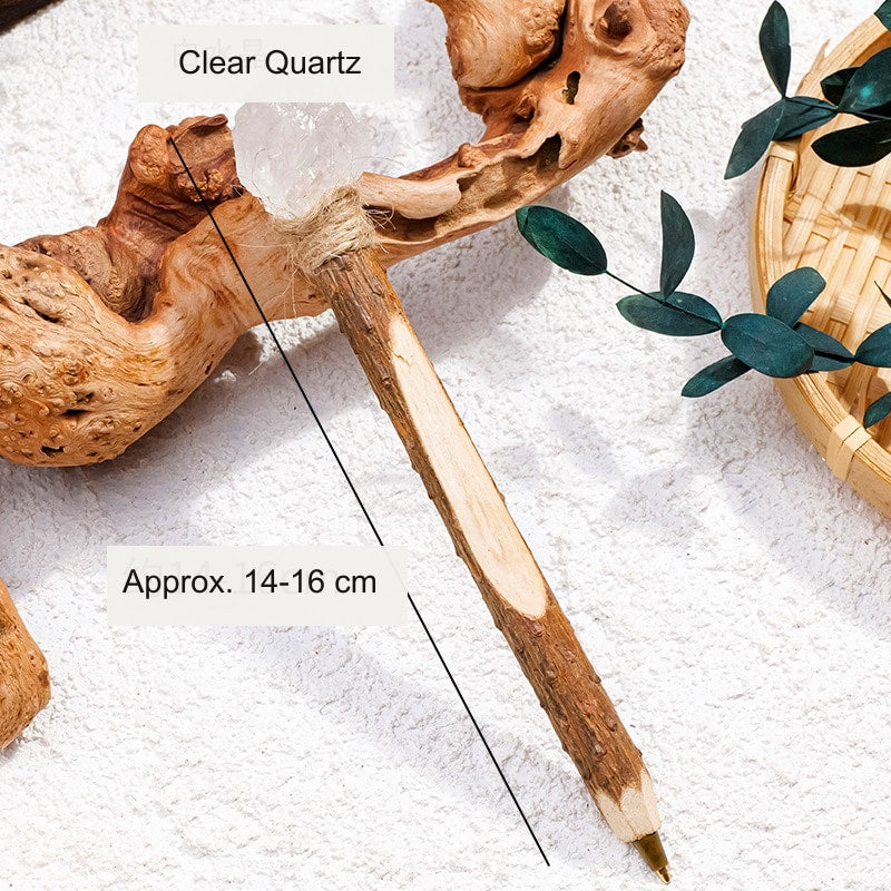 Clear Quartz Raw Crystal Wood Ballpoint Pen with natural wood body and decorative crystal accent