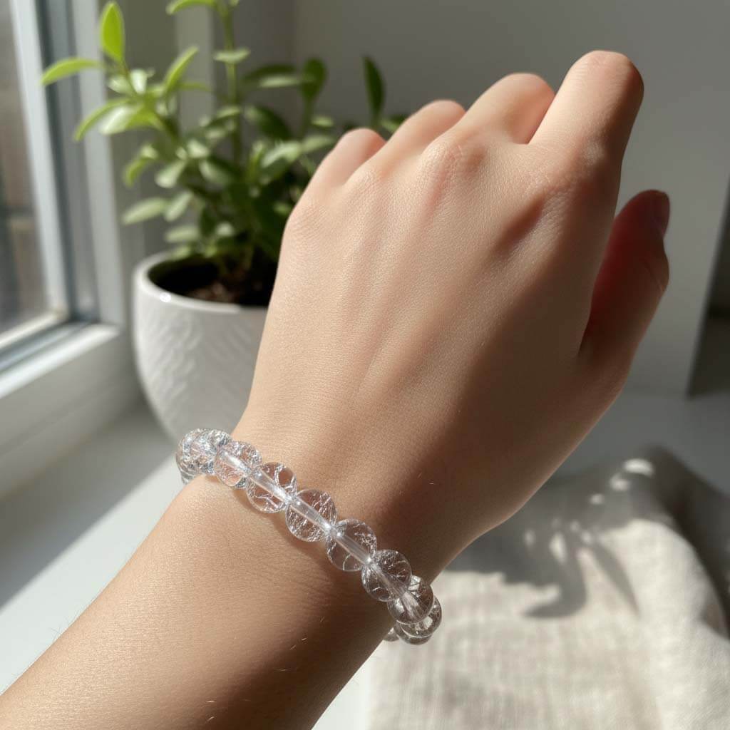 Person wearing Crackled Quartz Crystal Bracelet for casual everyday style - sparkling transparent crystal jewelry