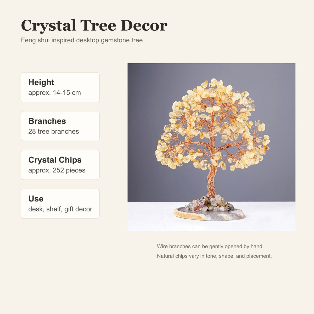 English size and specification guide for crystal money tree decor
