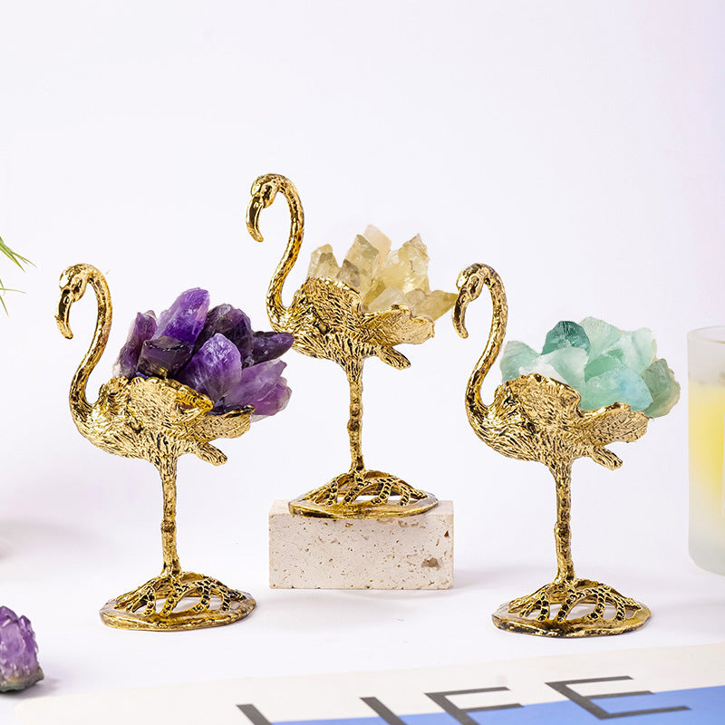 Crystal swan tabletop display with amethyst, citrine, and green fluorite