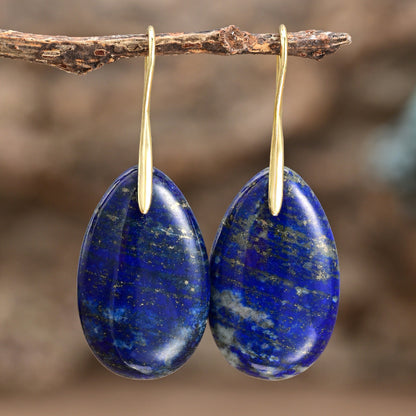 Deep blue lapis lazuli pendant earrings with 18K gold-plated copper hooks