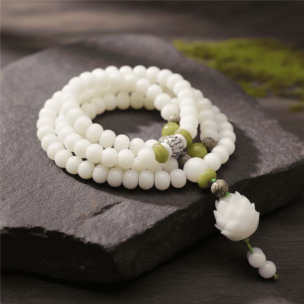 Elastic Bodhi Mala bracelet showing 108 beads wrapped multiple times for multi-wrap wearing style