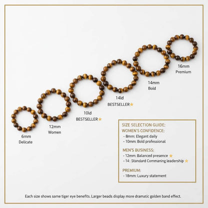 Elastic Golden Tiger Eye Bracelet size comparison showing five bead sizes from 6mm to 14mm