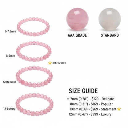 Elastic Pink Crystal Bracelet size comparison showing nine bead sizes from 5mm to 20mm