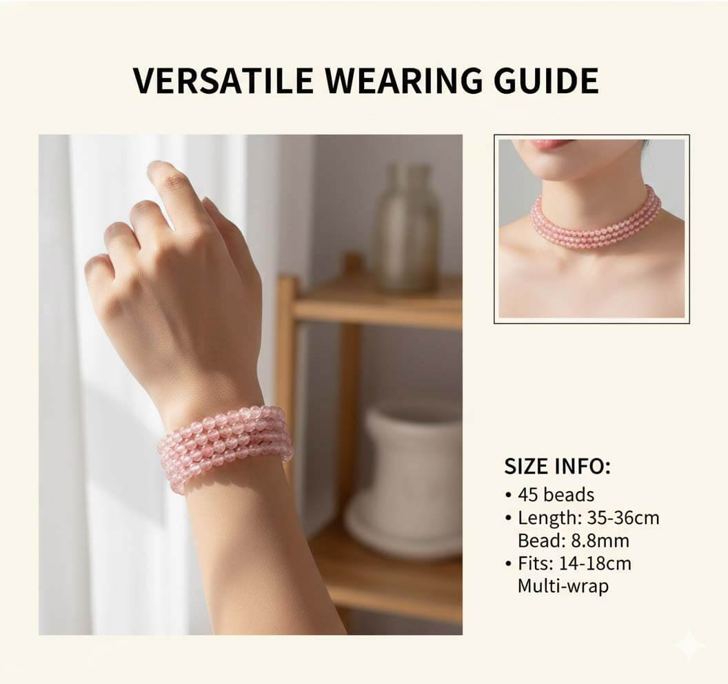 Elastic Pink Crystal Bracelet size comparison showing nine bead sizes with strawberry patterns