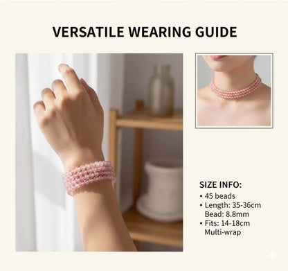 Elastic Pink Crystal Bracelet size comparison showing nine bead sizes with strawberry patterns