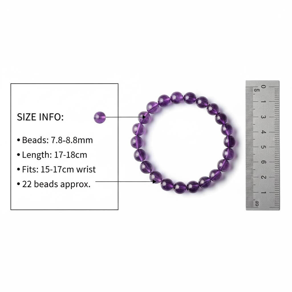 Elastic Purple Crystal Bracelet size comparison showing nine bead sizes from 4mm to 12mm