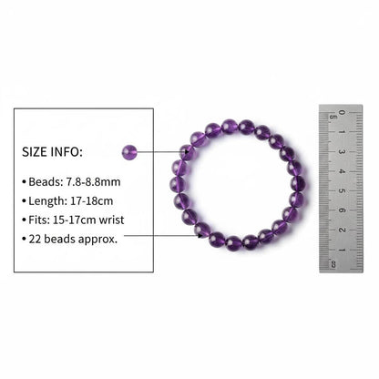 Elastic Purple Crystal Bracelet size comparison showing nine bead sizes from 4mm to 12mm