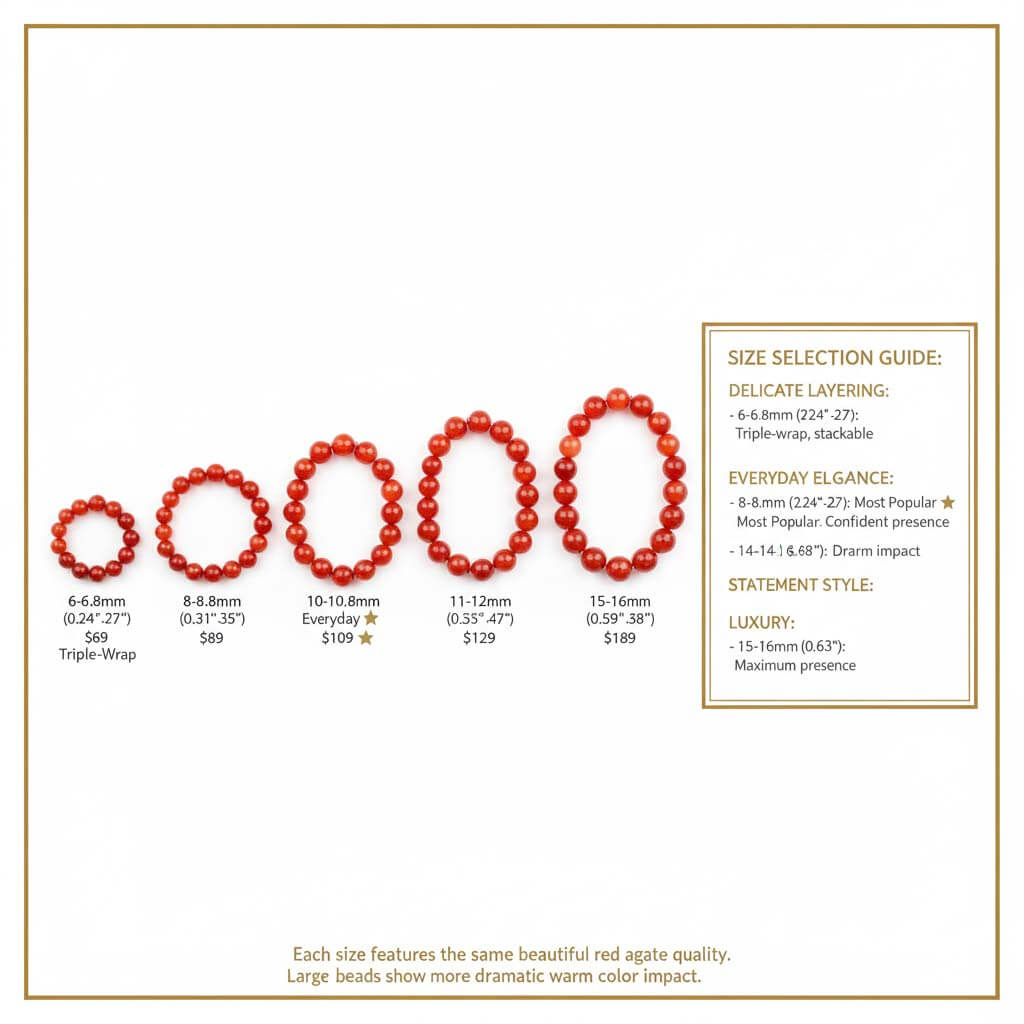 Elastic Red Agate Bracelet size comparison showing six bead sizes from 6mm to 16mm