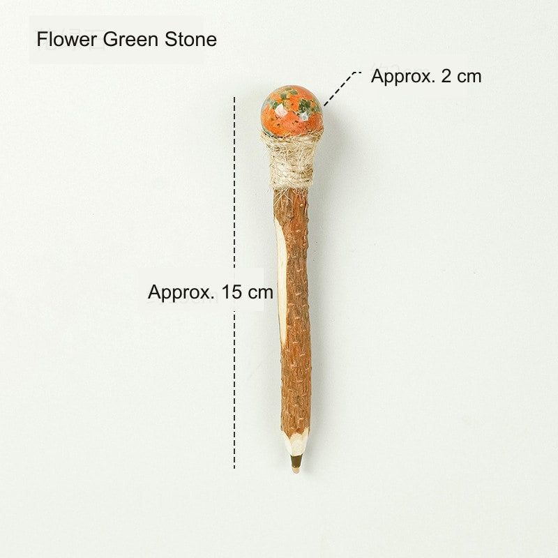 Flower Green Stone Crystal Ball Wood Ballpoint Pen with natural wood body and decorative crystal accent