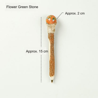 Flower Green Stone Crystal Ball Wood Ballpoint Pen with natural wood body and decorative crystal accent