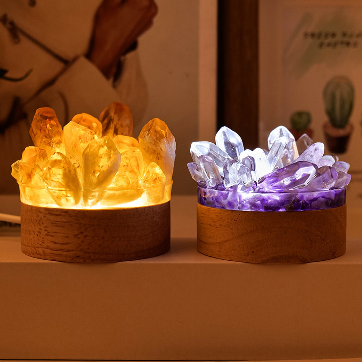 Crystal cluster decor shown in warm glowing display cups