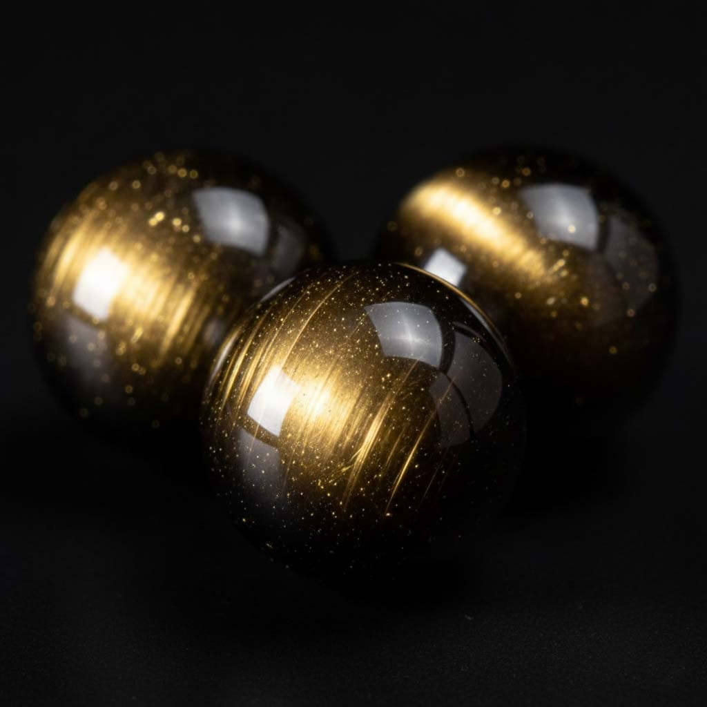 Extreme close-up of gold sheen obsidian beads showing natural golden shimmer on black base - rare fortune crystal detail