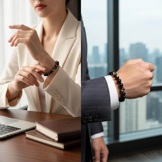 Professional wearing gold sheen obsidian wealth protection bracelet in business setting - crystals for money and success